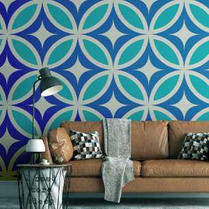Mid Century Blue Starbursts on Circles Wallpaper