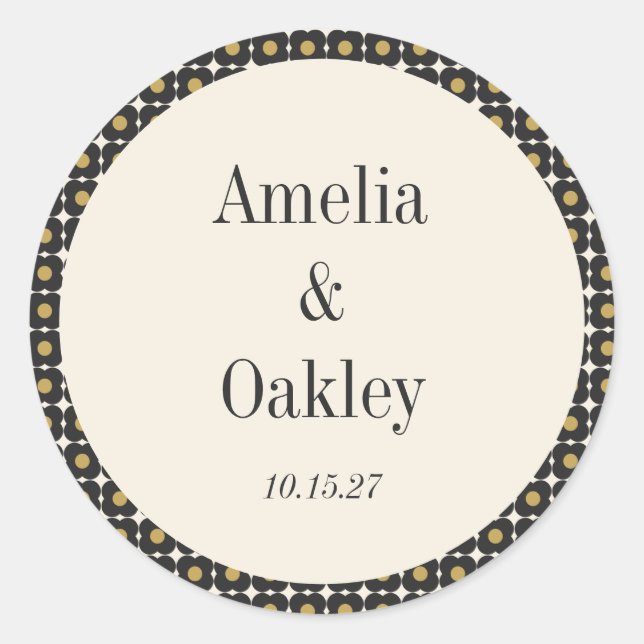 Mid Century Bold Black Gold Floral Wedding Custom Classic Round Sticker (Front)
