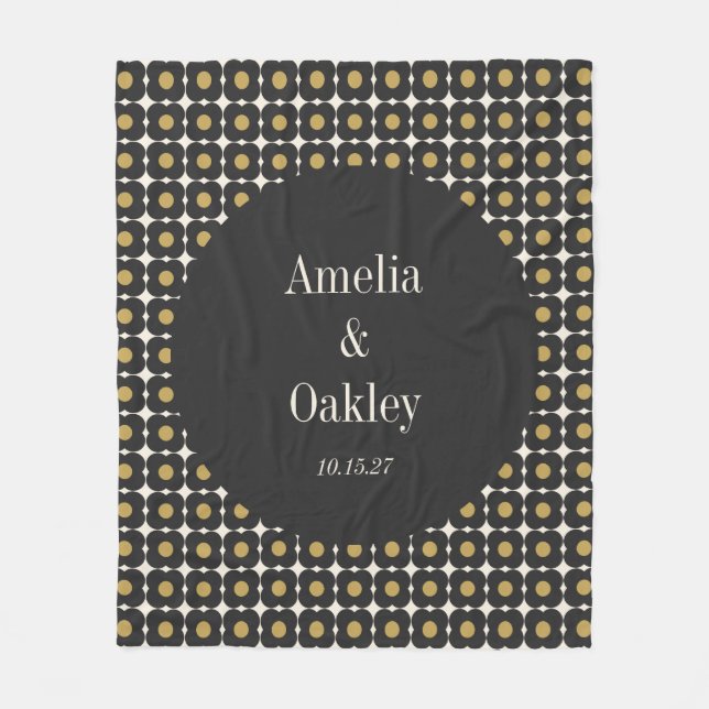 Mid Century Bold Black Gold Floral Wedding Custom Fleece Blanket (Front)