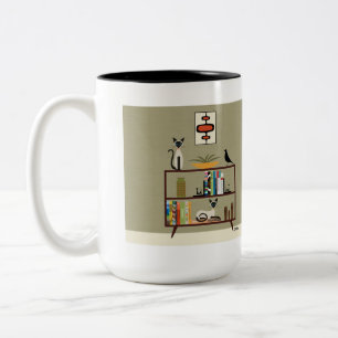 Mid Century Bookcase with Siamese Cats Two-Tone Coffee Mug