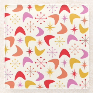 Mid Century Boomerang with Colourful  Atomic Stars Glass Coaster