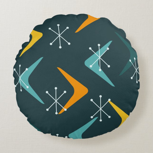 Mid Century Boomerangs Starbursts Teal Round Cushion (Front)