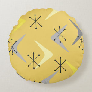 Mid Century Boomerangs Starbursts Yellow Round Cushion