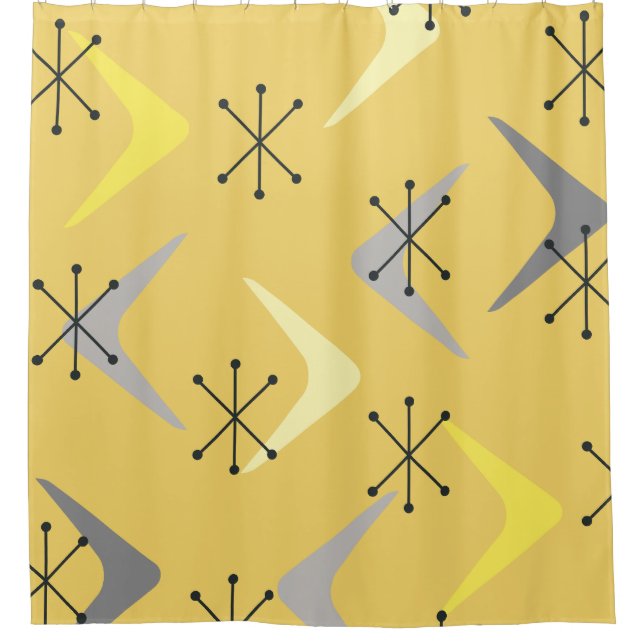 Mid Century Boomerangs Starbursts Yellow Shower Curtain (Front)