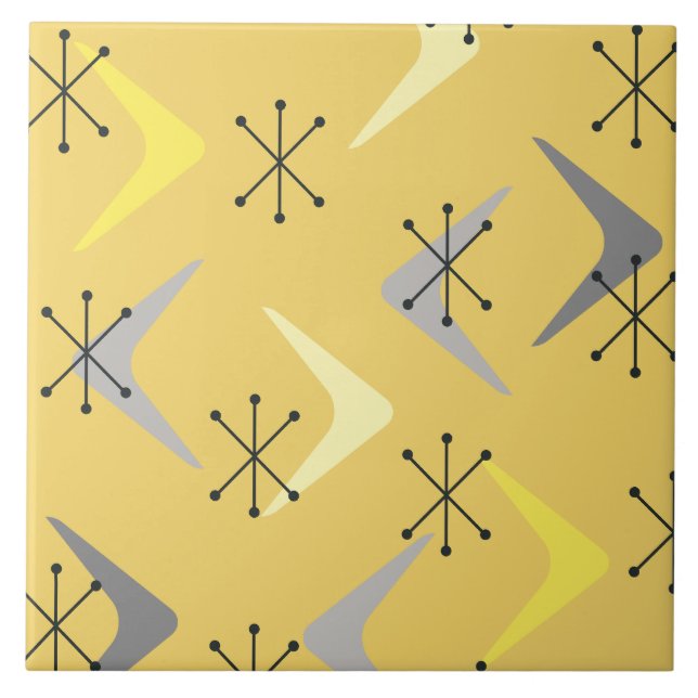 Mid Century Boomerangs Starbursts Yellow Tile (Front)