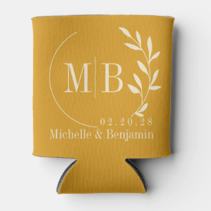 Mid-Century Burnt Buttercup Leaf Wedding Monogram Can Cooler