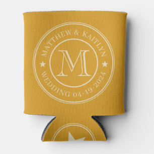 Mid-Century Burnt Buttercup Wedding Monogram Star Can Cooler