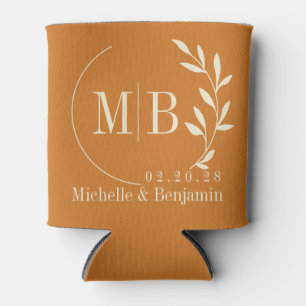 Mid-Century Burnt Honey Leaf Wedding Monogram Can Cooler