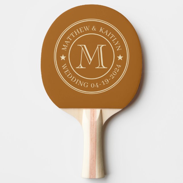 Mid-Century Burnt Sand Wedding Monogram Star Ping Pong Paddle (Front)