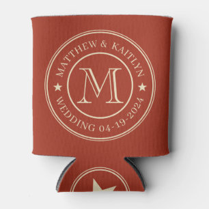 Mid-Century Burnt Sienna Wedding Monogram Star Can Cooler
