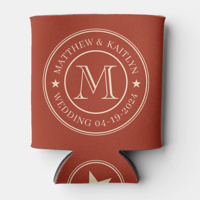 Mid-Century Burnt Sienna Wedding Monogram Star Can Cooler (Front)