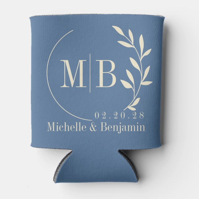Mid-Century Capri Blue Leaf Wedding Monogram Can Cooler (Front)