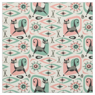 Mid Century Cat Abstract -Pink Turq  ©studioxtine Fabric