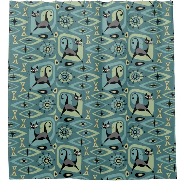 Mid Century Cat Abstract Shower Curtain (Front)