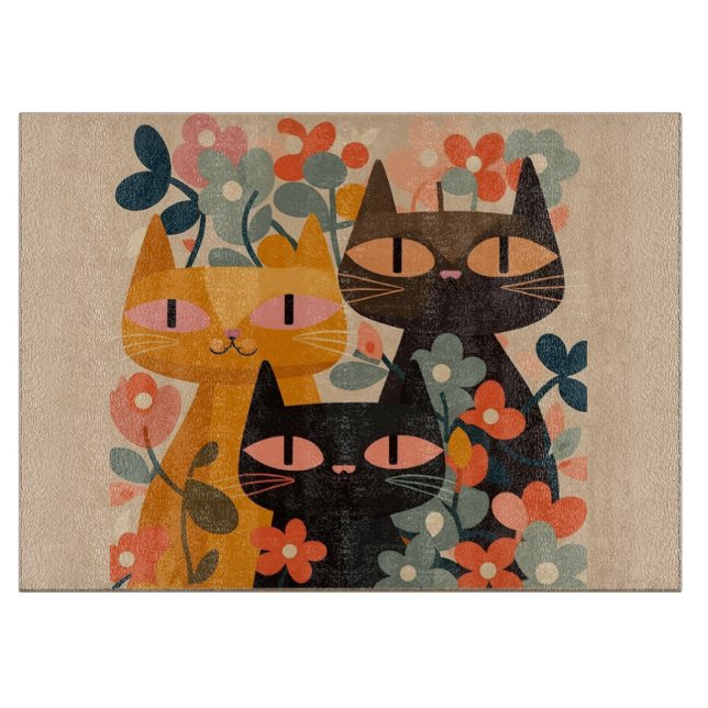 Mid-Century Cat Cutting Board, Glass Cutting Board (Front)