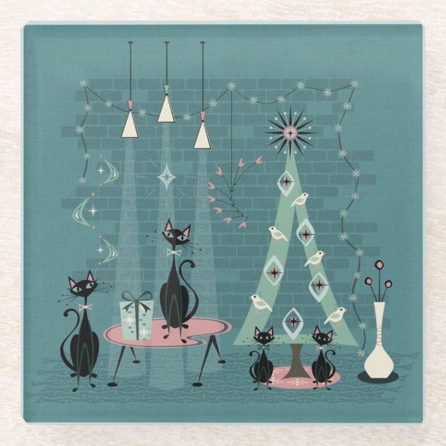 Mid Century Cat Family Holiday ©studioxtine Glass Coaster (Front)
