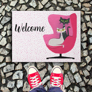 Mid Century Cat in Pink Chair Polka Dots White Doormat