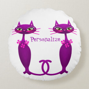 Mid century cat in purple and pink cute girly round cushion