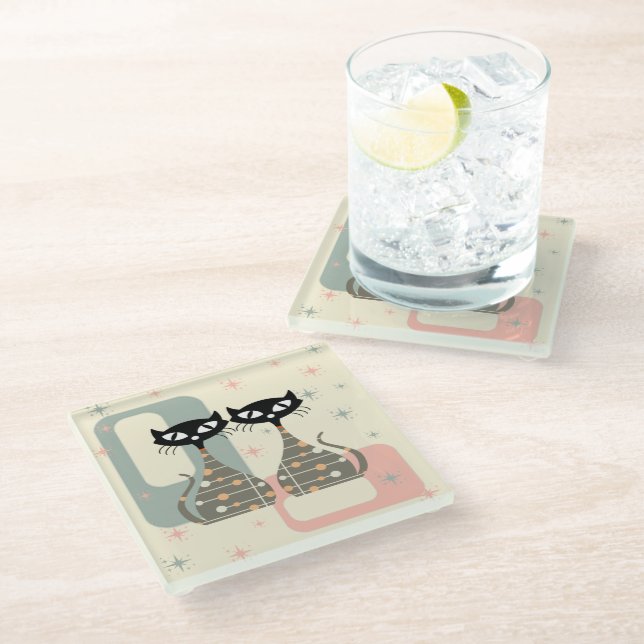 Mid Century Cat Mid-Century Modern Glass Coaster (Angled)