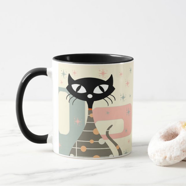 Mid Century Cat Mid-Century Modern Mug (With Donut)