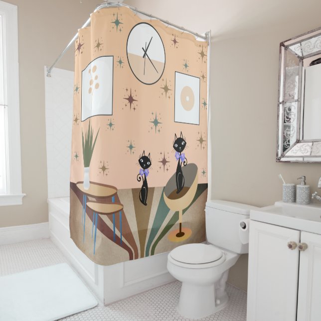 Mid Century Cat Mid-Century Modern Shower Curtain (In Situ)