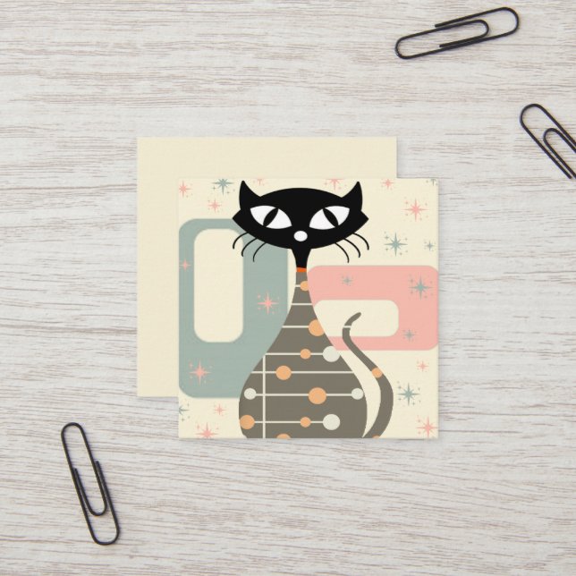 Mid Century Cat Mid-Century Modern Square Business Card (Front/Back In Situ)