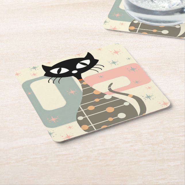 Mid Century Cat Mid-Century Modern Square Paper Coaster (Angled)