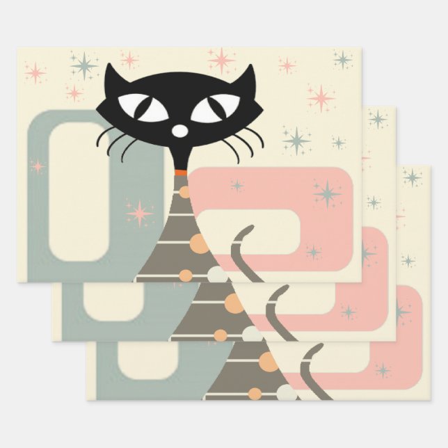 Mid Century Cat Mid-Century Modern Wrapping Paper Sheet (Set)