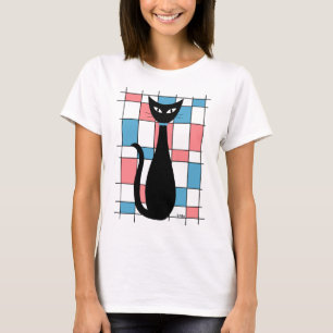 Mid Century Cat with Blue and Pink Rectangles T-Shirt