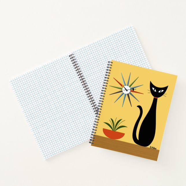 Mid Century Cat with Starburst Clock on Yellow Notebook (Inside)