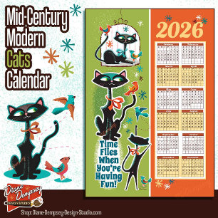 Mid-Century Cats Calendar Kitchen Towel Green/Rust