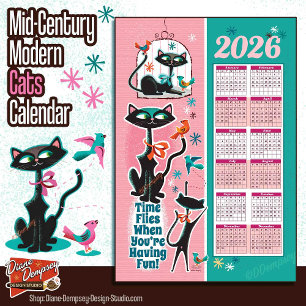 Mid-Century Cats Calendar Kitchen Towel Pink + Aqu