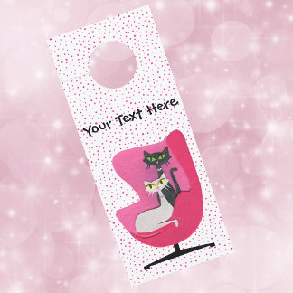 Mid Century Cats in Pink Chair Polka Dots on White Door Hanger
