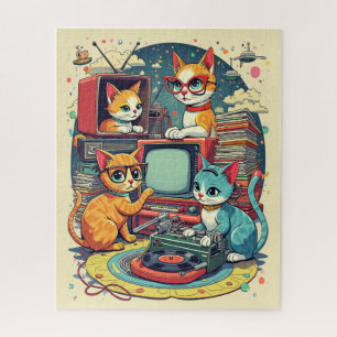 Mid Century Cats with Retro Records & TV Jigsaw Puzzle