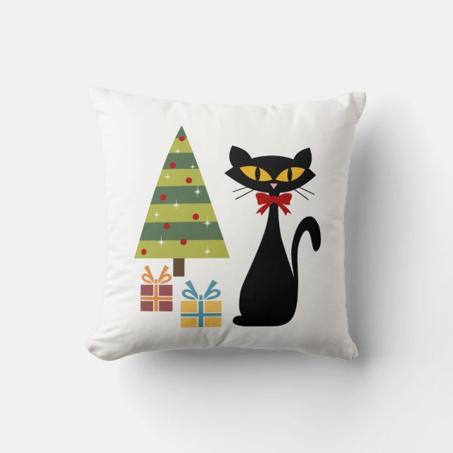 Mid Century Christmas cat Throw Pillow (Front)