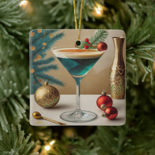 Mid Century Christmas Cocktail Party Happy Hour Ceramic Ornament