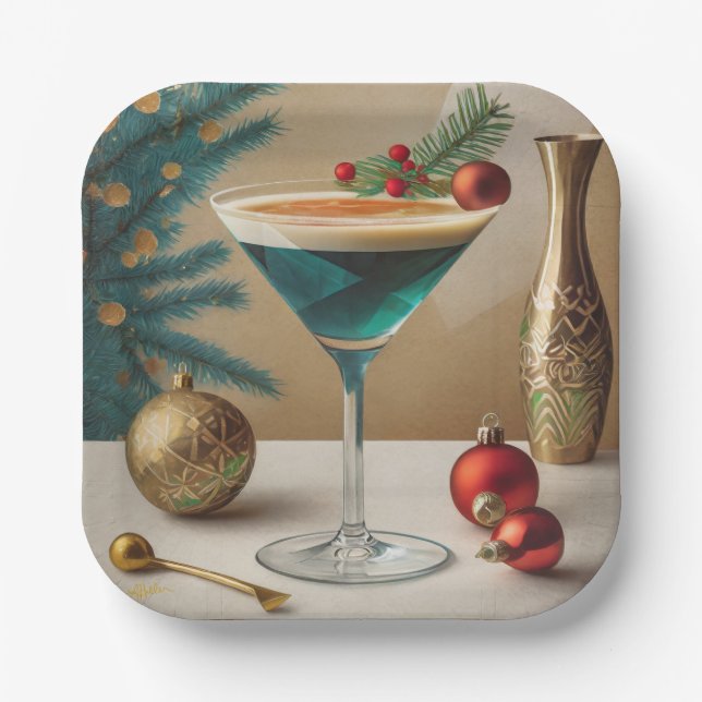Mid Century Christmas Cocktail Party Happy Hour Paper Plate (Front)