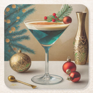 Mid Century Christmas Cocktail Party Happy Hour Square Paper Coaster