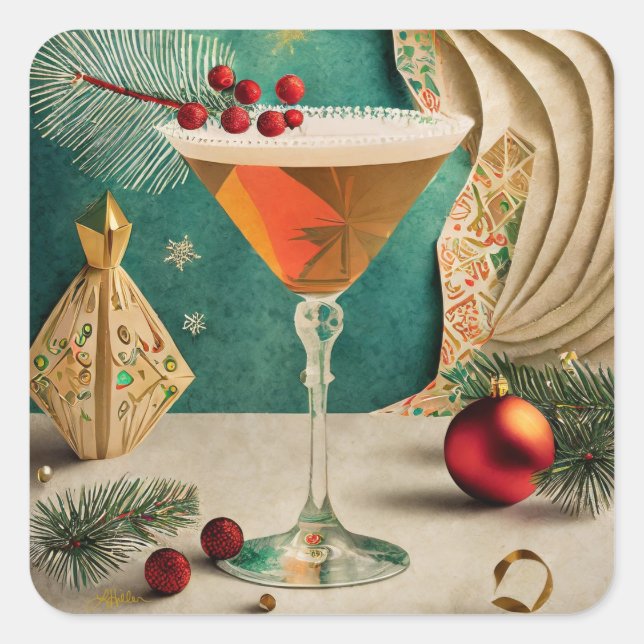 Mid Century Christmas Cocktail Party Happy Hour Square Sticker (Front)