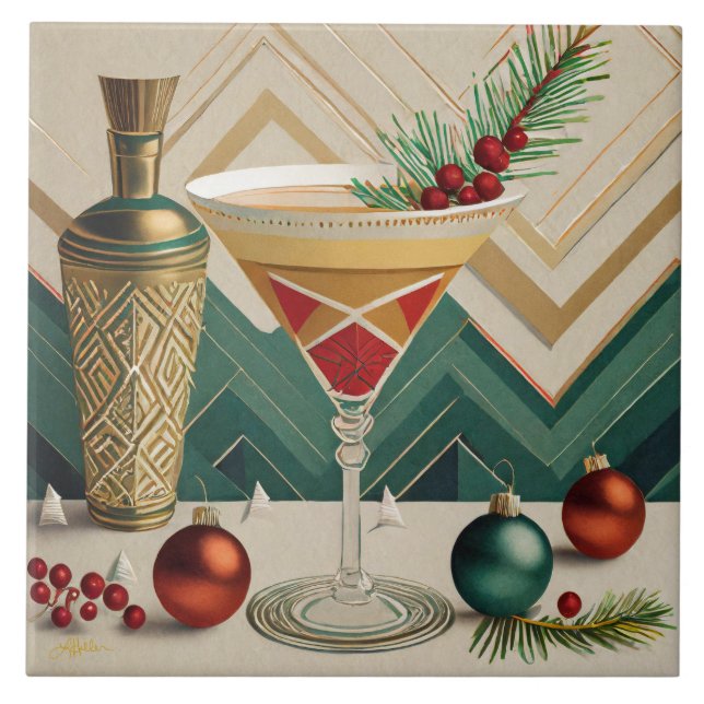 Mid Century Christmas Cocktail Party Happy Hour Tile (Front)