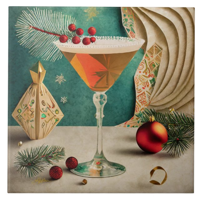 Mid Century Christmas Cocktail Party Happy Hour Tile (Front)