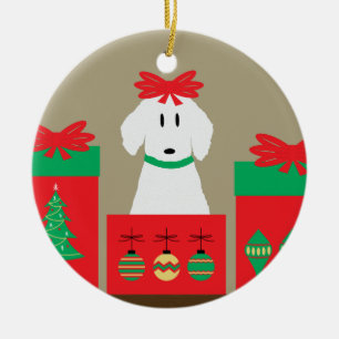 Mid Century Christmas Dog in Box Ceramic Tree Decoration