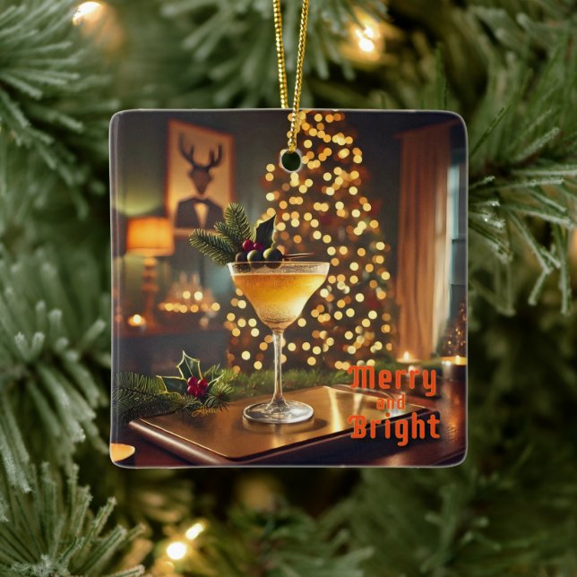 Mid Century Christmas Merry & Bright Cocktail  Ceramic Ornament (Tree)