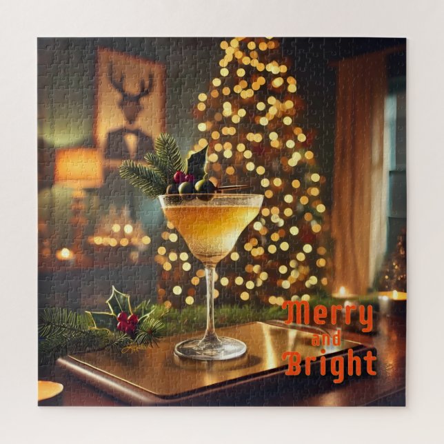 Mid Century Christmas Merry & Bright Cocktail  Jigsaw Puzzle (Vertical)