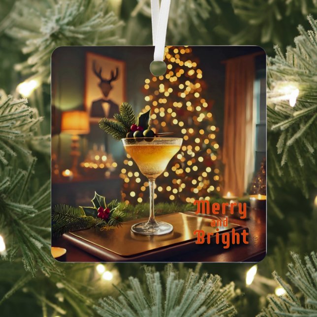 Mid Century Christmas Merry & Bright Cocktail  Metal Tree Decoration (Insitu)