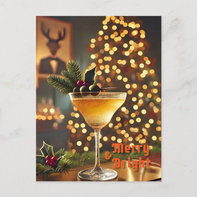 Mid Century Christmas Merry & Bright Cocktail  Postcard (Front)