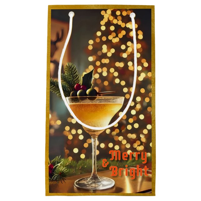 Mid Century Christmas Merry & Bright Cocktail  Small Gift Bag (Front)