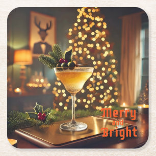 Mid Century Christmas Merry & Bright Cocktail  Square Paper Coaster