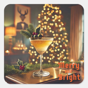 Mid Century Christmas Merry & Bright Cocktail  Square Sticker