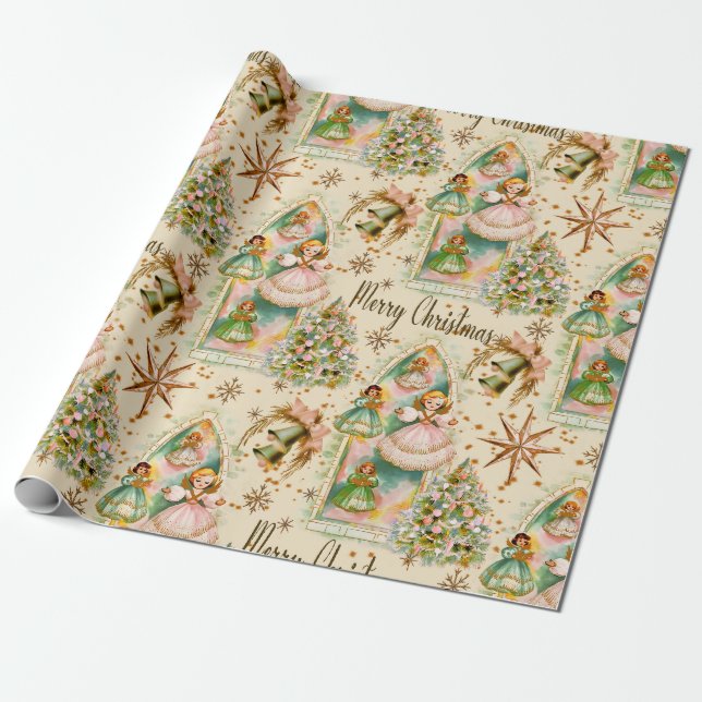 Mid Century Christmas Pastel Angels Wrapping Paper (Unrolled)